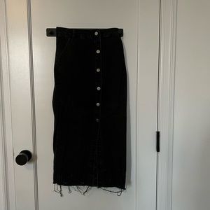 Distressed denim button down front midi skirt with puncture design hem